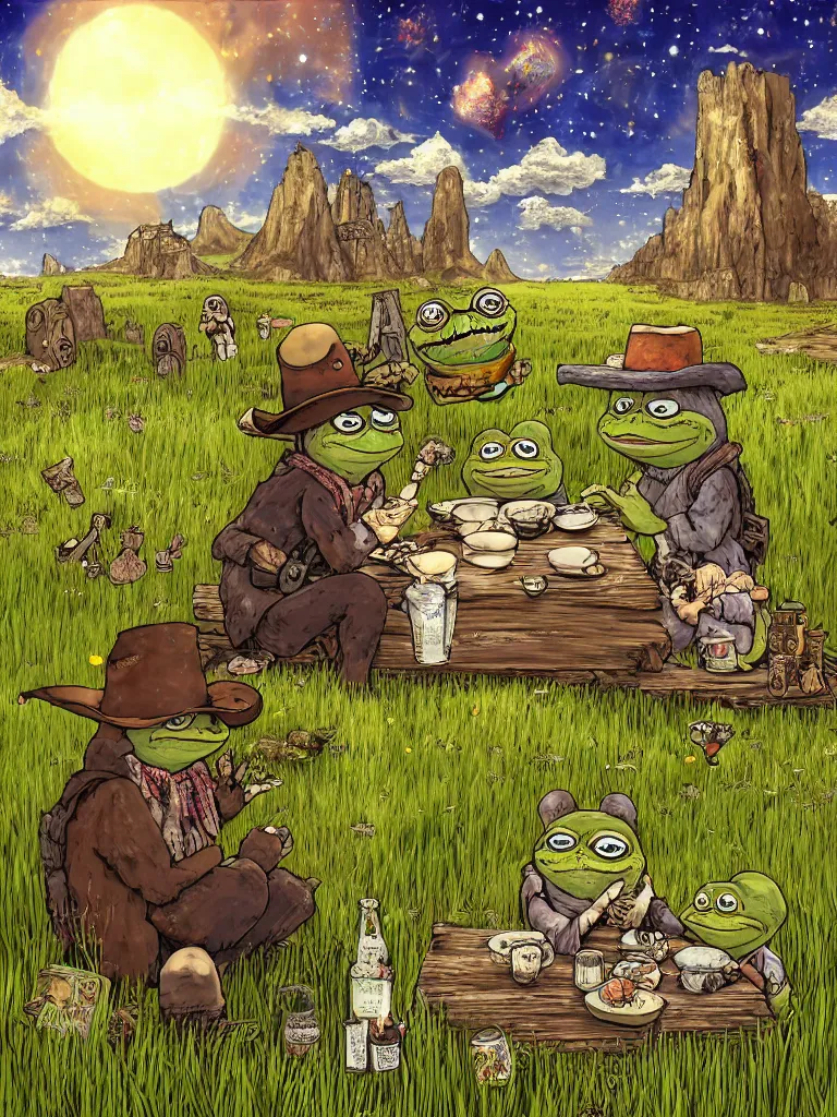 Prompt: resolution hyper realistic rustic weathered background happiness of pepe love and life made in abyss hallows peace and love read dead redemption 2 pepe the frog happy among family in a field sitting for a supper the value of love a clear prismatic sky, edge of nothingness love, warm ,Luminism, prismatic , fractals , pepe the frog , art in the style of Akihito Tsukushi and and Arnold Lobel , claymation