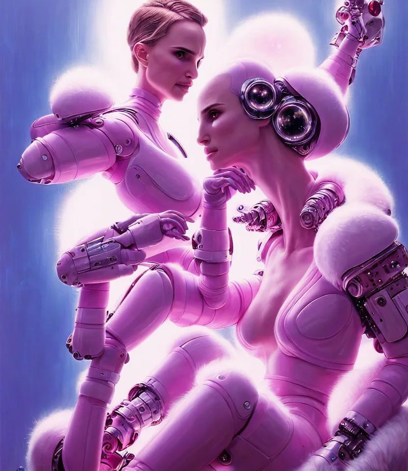 Image similar to beautiful fantasy character portrait of a natalie portman cyborg, wearing pink puffy bomber jacket with white fur, seductive reclining pose, lasers, ultra realistic, dramatic lighting, robots, the fifth element artifacts, highly detailed by peter mohrbacher, hajime sorayama, wayne barlowe, boris vallejo, aaron horkey, gaston bussiere, craig mullins