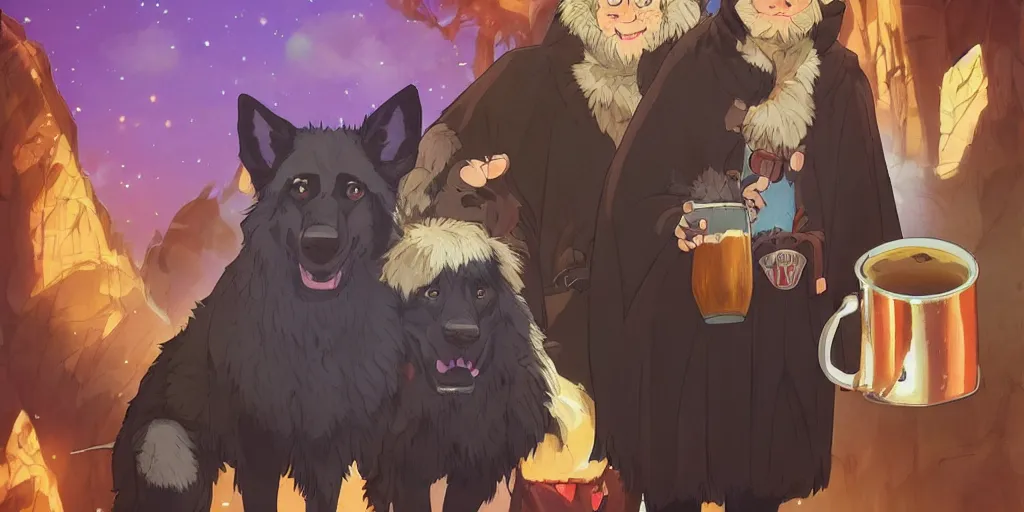 Image similar to a two german shepherds beast - men, holding a mug of beer, a lot of pockets, fur cape, tavern background, magical, bright, colorful, fantastic lighting, amazing details, 4 k uhd, illustration by hayao miyazaki and makoto shinkai and ilya kuvshinov, artstation, pixiv,