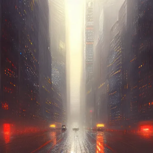 Prompt: nighttime in an art deco city of skyscrapers, wet pavement, street level view, light mist, fantasy, intricate, elegant, digital painting, trending on artstation, concept art, soft focus, illustration by greg rutkowski, Gaston Bussiere and artgerm, 4k.