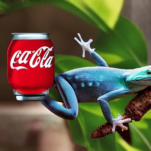 Prompt: gecko advertising the drink coca cola to all his chameleon friends, promo photo
