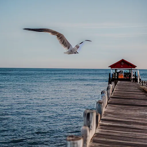 Image similar to a photo still of steven seagull at the pier next to the ocean