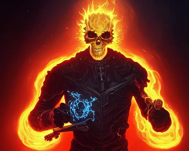 Image similar to a 4 k cinematic screenshot still portrait of ghost rider in a dark luminal space room listening to music wearing headphones, deep focus, d & d, fantasy, intricate, elegant, highly detailed, digital painting, artstation, concept art, matte, sharp focus, illustration, dark fantasy style art, hearthstone, art by artgerm and greg rutkowski and alphonse mucha