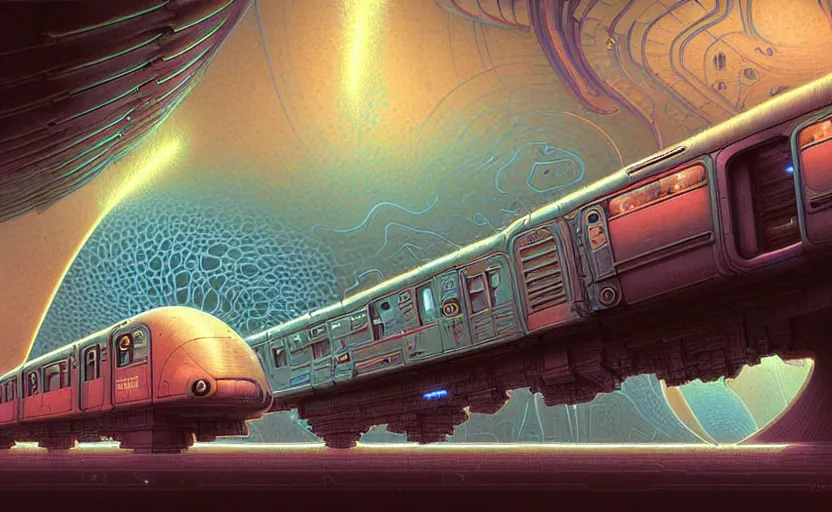 Image similar to urban train design only! 2 0 5 0 s retro future art 1 9 7 0 s science fiction borders lines decorations space machine, mech, robot. muted colors. by jean - baptiste monge, ralph mcquarrie, marc simonetti, 1 6 6 7. mandelbulb 3 d, fractal flame, jelly fish, coral, cinematic lightning