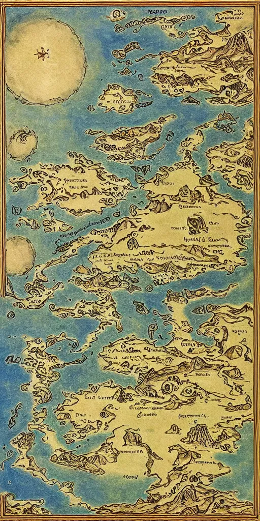 Image similar to fantasy map of an ancient land of Odrua in the Fantasy world of Lute, showing continents archipelagos cities mountains deserts rivers coastlines kingdoms, a central musical land, vast oceans with kraken, in the style of the Vatican Map Room paintings by JRR Tolkien by Brian Froud