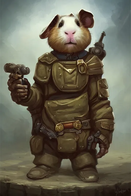 Image similar to cute little anthropomorphic Guinea Pig Tank driver standing next to its tank, tiny, small, short, Tank driver outfit, cute and adorable, pretty, beautiful, DnD character art portrait, matte fantasy painting, DeviantArt Artstation, by Jason Felix by Steve Argyle by Tyler Jacobson by Peter Mohrbacher, cinematic lighting