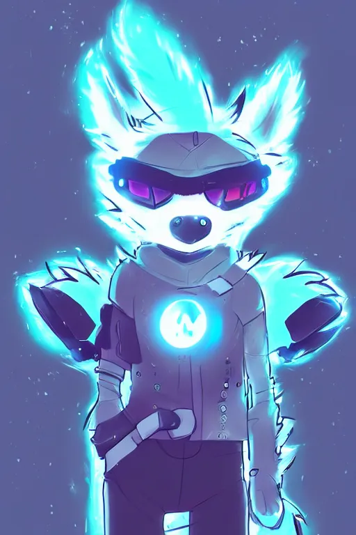 Image similar to a cute cyberpunk anthropomorphic wolf with light blue fur and a fluffy tail, comic art, trending on furaffinity, cartoon, kawaii, backlighting, furry art!!!, cel shading, concept art, lineless