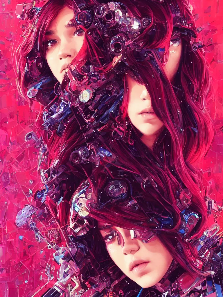 Prompt: Hailee Steinfeld with red hair in 1970's fashion, cyberpunk background, intricate, highly detailed, digital painting, artstation, official media, anime key visual, concept art, rich vivid colors, ambient lighting, sharp focus, illustration, art by Ayami Kojima and Hsiao-Ron Cheng