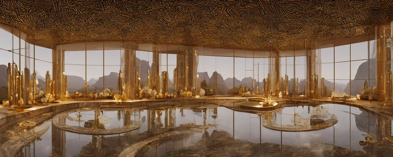 Image similar to photo of a cinematic interior of a triple height hyper luxury spa with everything made of gold, candles, windows with view to desert mountains and river, beige stone marble floor with reflection, small wellness relaxation pool, intricate hieroglyph detailed roof, contemporary design, sacred geometry, 8 k, hyperrealistic, photorealism,