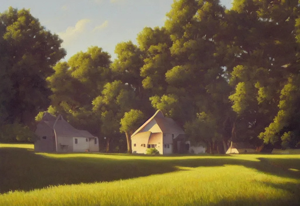 Prompt: a landscape painting of an old farm house in the countryside, summer, painting by kenton nelson, early morning light, puffy couds