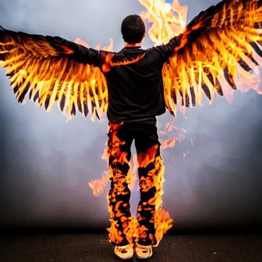 Prompt: photo of a man with flaming black wing