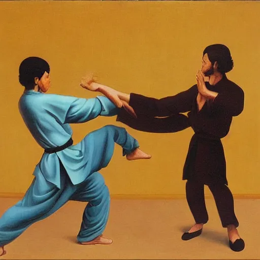 Image similar to a Kung-Fu fight by Raphael, Hopper, and Rene Magritte. detailed, romantic, enchanting, trending on artstation.