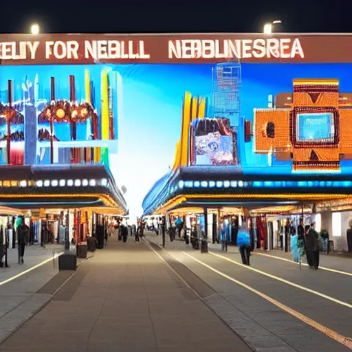 Prompt: futuristic ndebele city, night street scene, highly detailed, digital ndebele billboards