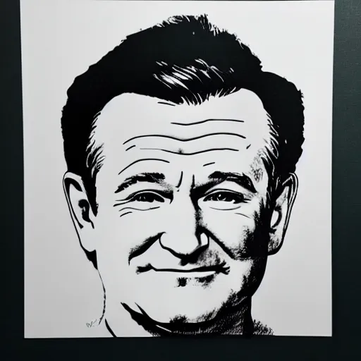 Image similar to silkscreen and lithography to create robin williams in the style of andy warhol