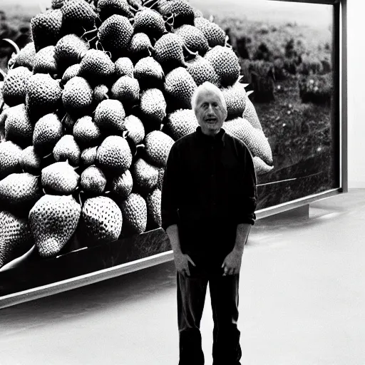 Prompt: man standing proudly next to a huge strawberry, photograph, vintage, black and white, detailed, realistic