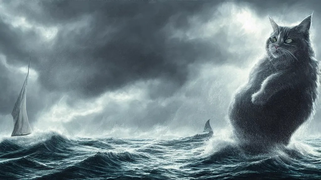 Image similar to a gigantic cat bursting out of a stormy sea attacking a small sail boat, wet fur, giant waves, sunbeams in background, intricate, detailed, volumetric lighting, sharp focus, scenery, photorealism, digital painting, highly detailed, concept art, by by aleski briclot and alexander'hollllow'fedosav and laura zalenga