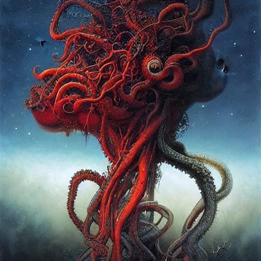 Prompt: the night sky is black and full of stars, huge red eyes are floating in the sky, their irises are red, ethereal tentacles, by Esao Andrews and Karol Bak and Zdzislaw Beksinski, vivid colors