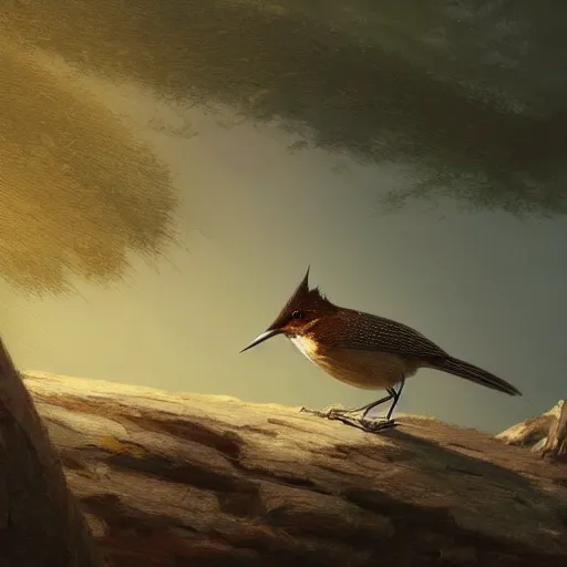 Prompt: spanish wren bird, reyezuelo listado, regulus ignicapilla, in avila pinewood, 4 k, concept art, by wlop, ilya kuvshinov, artgerm, krenz cushart, greg rutkowski, pixiv. cinematic dramatic atmosphere, sharp focus, volumetric lighting, cinematic lighting, studio quality