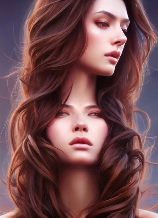 Image similar to a gorgeous female with long brown hair in the style of stefan kostic, realistic, full body shot, wide angle, sharp focus, 8 k high definition, insanely detailed, intricate, elegant, art by stanley lau and artgerm, floating embers