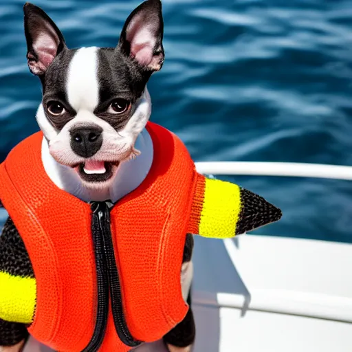 Prompt: a closeup photorealistic photograph of a cute smiling knitted boston terrier dog dressed in a life vest on a pontoon boat. professional capture, sunny shot. this 4 k hd image is trending on artstation, featured on behance, well - rendered, extra crisp, features intricate detail, epic composition and the style of unreal engine.