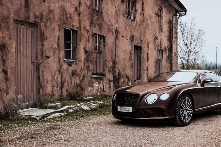 Image similar to modern rusty matte tired Bentley Continental GT without gloss no reflections drives along the road of an old Russian village with houses at the edges