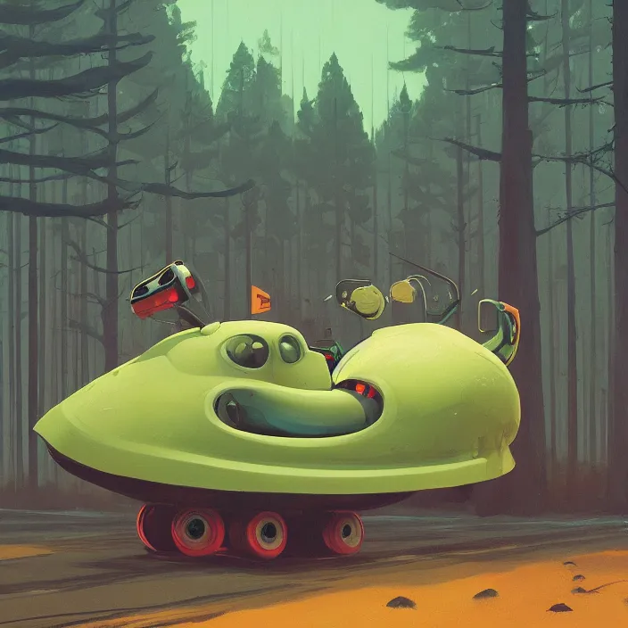 Image similar to fat alien on wheels rolling through the forest, highly detailed, Edward Hopper and James Gilleard, Simon Stalenhag