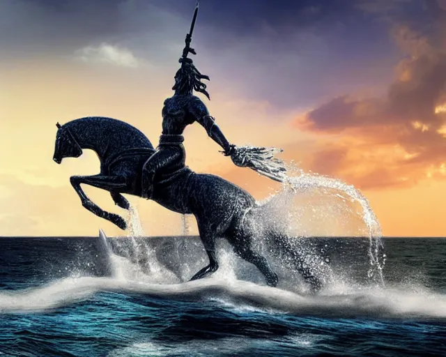 Prompt: a giant abstract sculpture of a great warrior on a horse on the ocean water, in the style of chad knight, award winning, cinematic, hyper - realistic, very detailed, realistic water splashes, ray tracing, 8 k resolution, long - shot, sharp focus, low angle, 8 5 mm photograph, wide lens