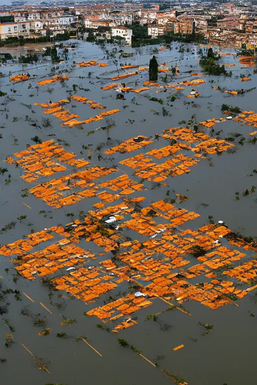 Image similar to a flooded Pescara City filled with orange juice, horror 1024 A