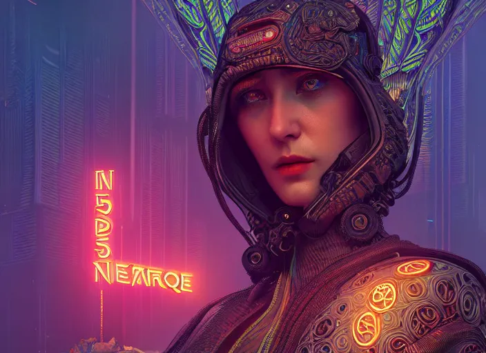 Prompt: an intricately detailed ultra - realistic unreal engine 5 rendering of a portrait of art nouveau cyberpunk neon - bordered warangel, concept art, intricate details, eerie, highly detailed, photorealistic, octane render, 8 k uhd art by kilian eng