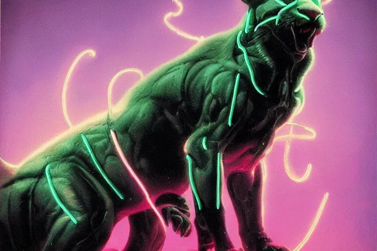 Prompt: cybernetic sabretooth panther, metallic, made of neon light, volumetric lighting, by caspar david friedrich and wayne barlowe and ted nasmith