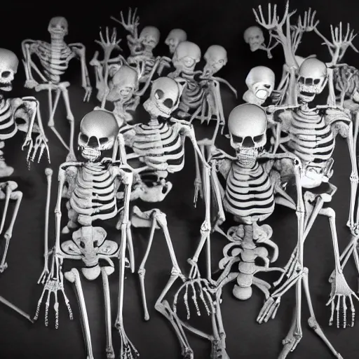 Image similar to photo, a giant crowd of silvery shiny refective black latex claymation skeletons by ray harryhausen dancing inside an underground ussr night club, edge lighting, ray traced lighting