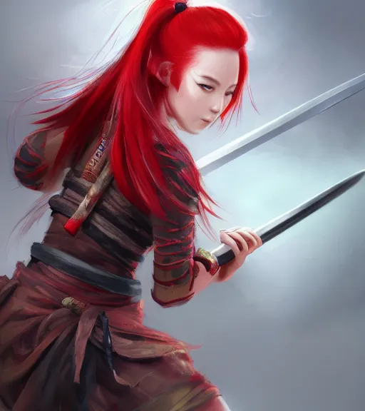 Image similar to a girl with red hair holding a katana, samurai outfit, japanese clothes, ponytail, action shot, highly detailed, digital painting, artstation, concept art, smooth, sharp focus, illustration