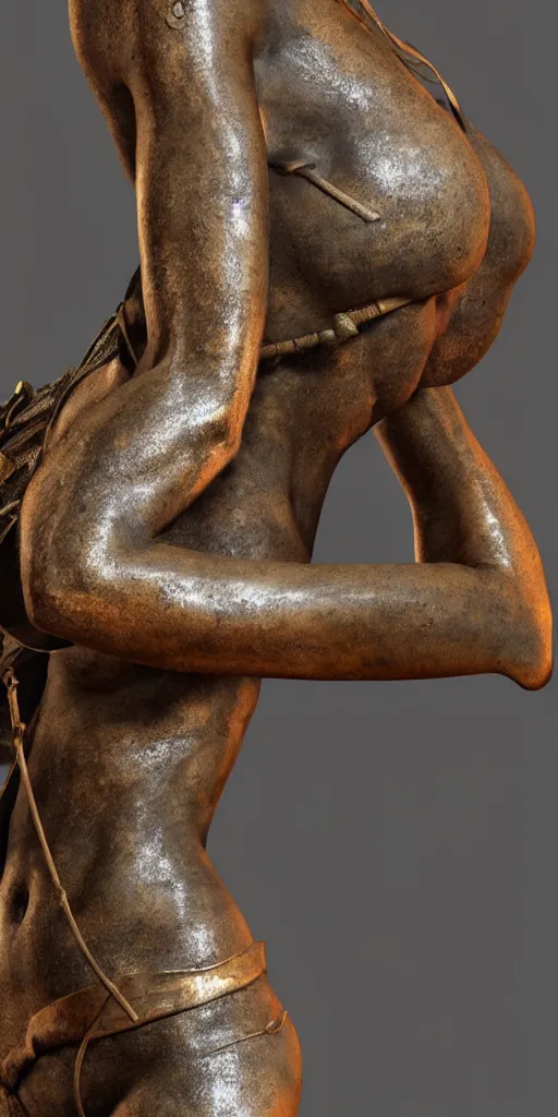 Image similar to detailed photo of an old bronze patina full body statue of a beautiful lara croft, photorealism, intricate detail, museum diffuse lighting