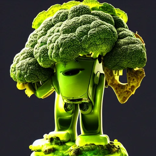 Prompt: close-up of a pizza broccoli robot, wasteland, highly-detailed, dramatic lighting, artstation, 4k, cinematic landscape, photograph by Keanu Reeves