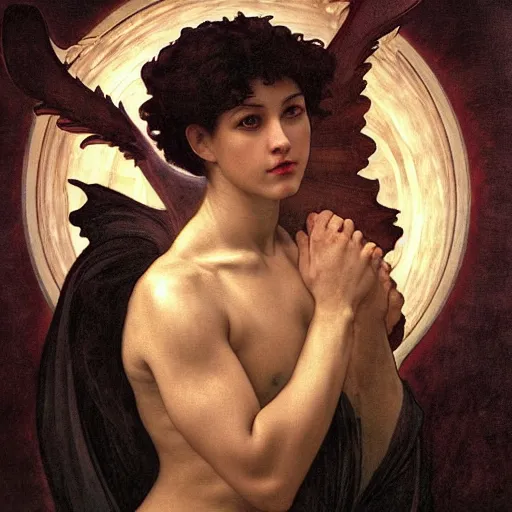 Image similar to godlike awe-inspiring Lucifer portrait, standing tall invincible, stunning, breathtaking, award-winning, groundbreaking, concept art, nouveau art, Dark Fantasy mixed with Socialist Realism, by Michelangelo, Caravaggio, Alphonse Mucha, Michael Whelan, William Adolphe Bouguereau, John Williams Waterhouse, and Donato Giancola, extremely moody lighting, glowing light and shadow, atmospheric, fine art, trending, featured, 8k, photorealistic, complex, intricate, 3-point perspective, hyper detailed, unreal engine 5, IMAX quality, cinematic, symmetrical, high resolution, 3D, PBR, path tracing, volumetric lighting, octane render, arnold render