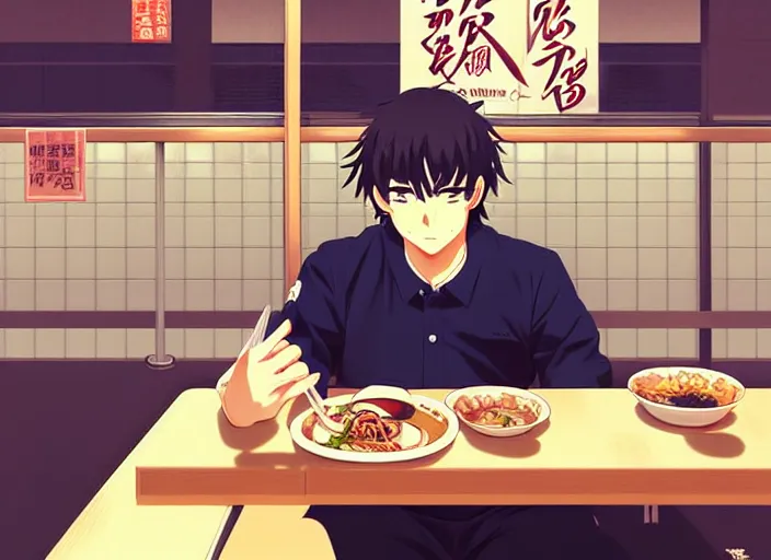 Prompt: anime visual, full body illustration a young man having lunch at a ramen stall at midnight, handsome face by ilya kuvshinov, yoshinari yoh, makoto shinkai, katsura masakazu, dynamic perspective pose, detailed facial features, kyoani, rounded eyes, crisp and sharp, cel shad, anime poster, ambient light,