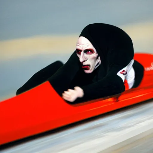 Image similar to portrait of nosferatu is doing bobsleigh alone, sport photography