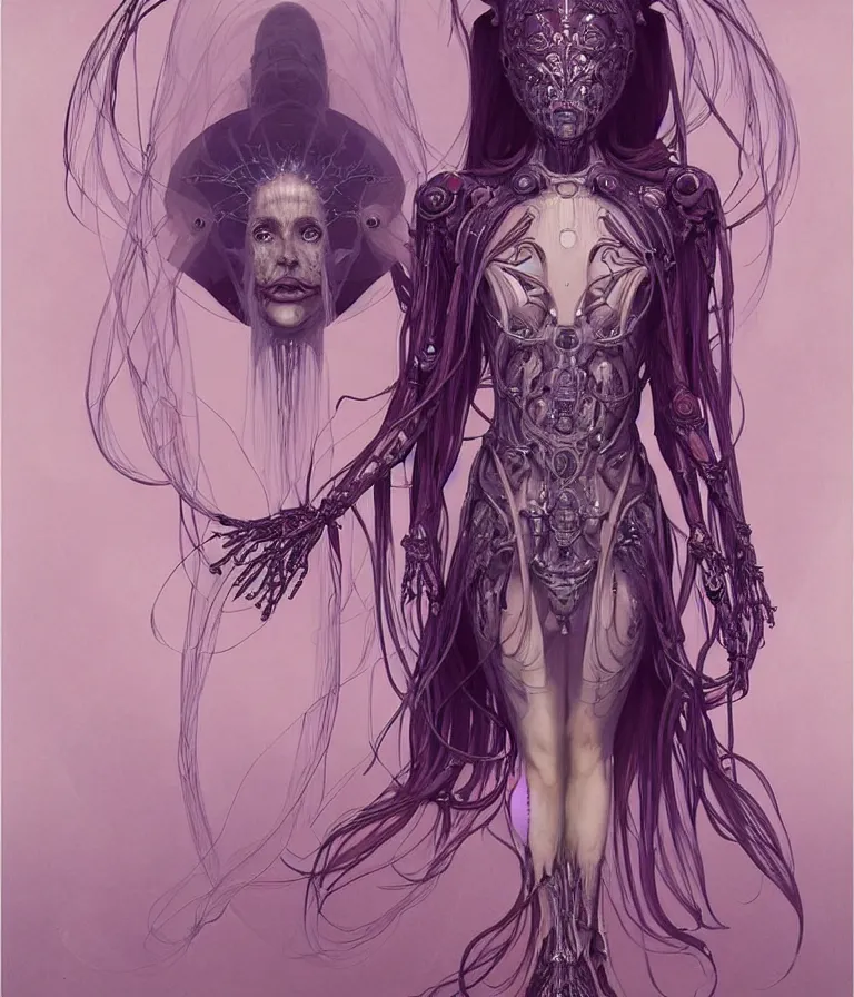 Image similar to fully symmetrical centered portrait of a beautiful princess in robe. artificial muscles, ribcage, bones, hard surface modelling. cyberpunk look. biomechanical mask. bio luminescent biomechanical halo around head. jellyfish. artwork by jarold Sng by artgerm, by Eddie Mendoza, by Peter mohrbacher by tooth wu by alfons mucha, unreal engine, octane render, cinematic light, iridescent details, iridescent colors, dichroic, macro, depth of field, blur