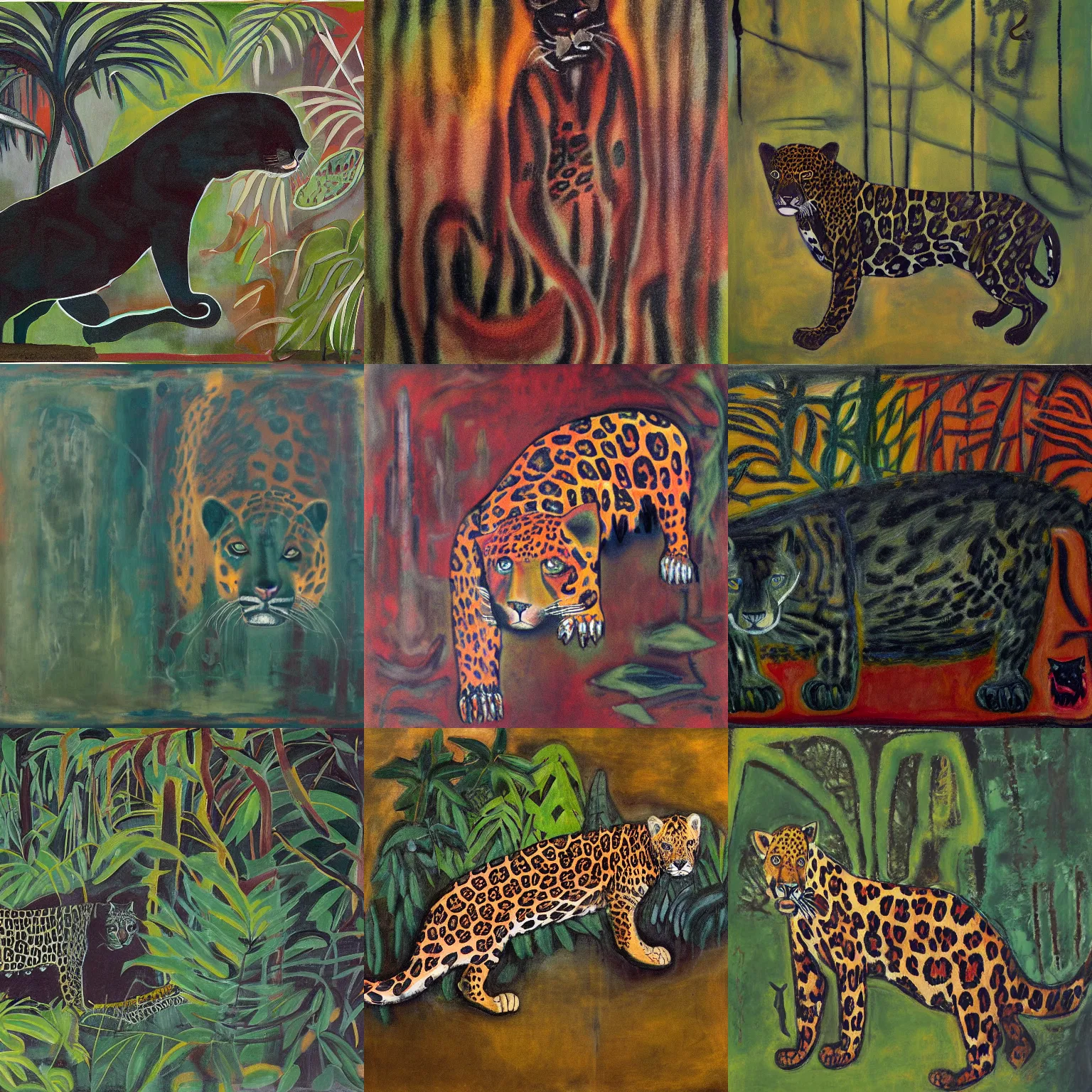 Prompt: intense jaguar in a dark misty jungle, painted by Mark Rothko