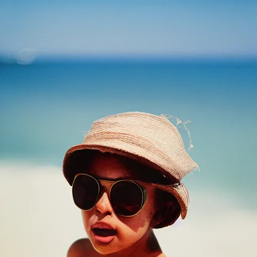 Prompt: photo of lemon wearing sunglasses on the beach, cinestill, 800t, 35mm, full-HD