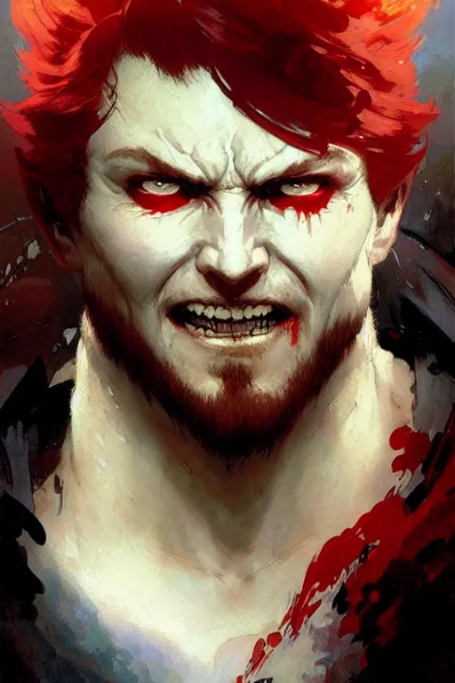 Image similar to white blob with red hair with an evil smug grin portrait dnd, painting by gaston bussiere, craig mullins, greg rutkowski, yoji shinkawa