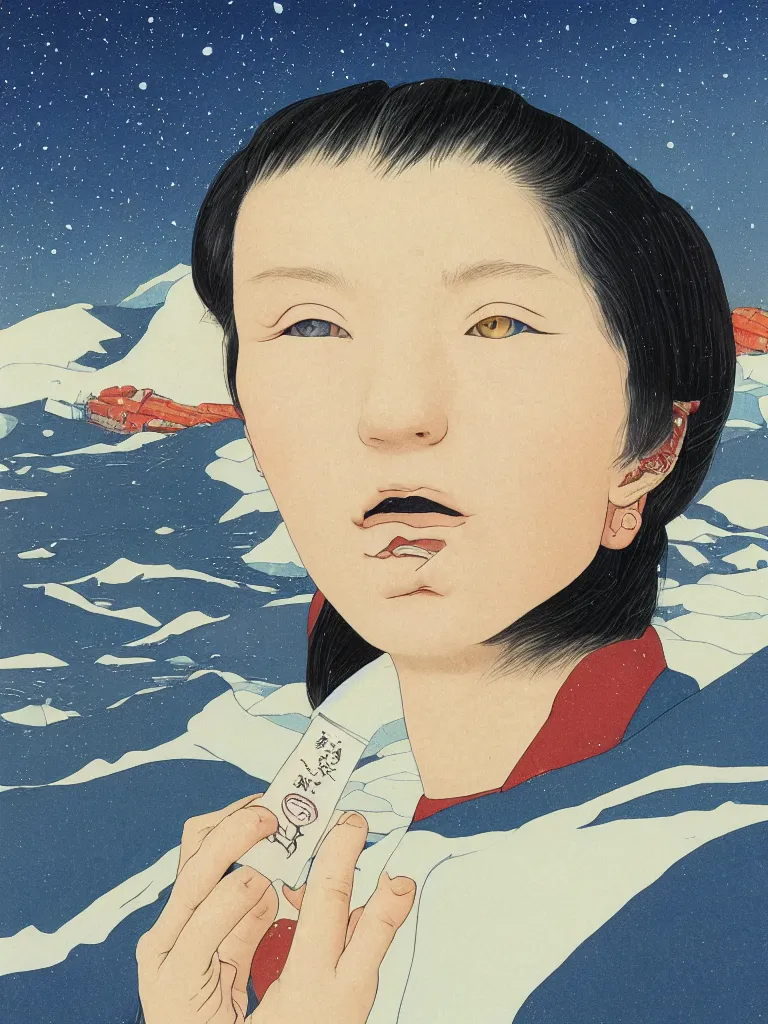 Image similar to a closeup portrait of a young siberian woman eating a blotter paper of lsd acid and dreaming psychedelic hallucinations in the vast icy landscape of antarctica, by kawase hasui, moebius and edward hopper, colorful flat surreal design, hd, 8 k, artstation