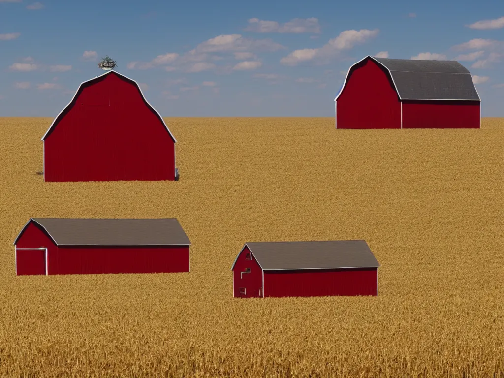 Image similar to An isolated red barn next to a wheat crop at noon. Wide angle shot, surreal.