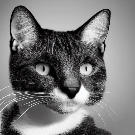 Prompt: a black and white cat highschool yearbook photo colorful bright green eyes, medium shot, hd, 8k, hyper-realism, detailed, octane 8k,