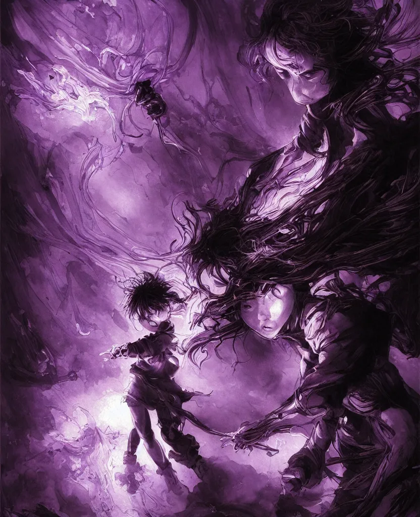 Image similar to a painting small girl with purple fire in his hands fighting a giant, dark colors, sinister atmosphere, dramatic lighting, cinematic, establishing shot, extremely high detail, photo realistic, cinematic lighting, pen and ink, intricate line drawings, by Yoshitaka Amano, Ruan Jia, Kentaro Miura, Artgerm, post processed, concept art, artstation, matte painting, style by eddie mendoza, raphael lacoste, alex ross,