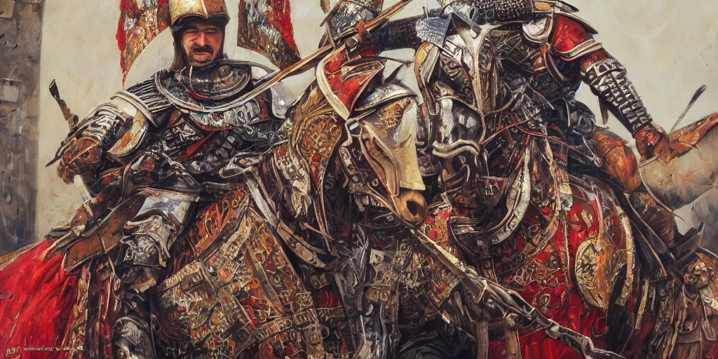 Image similar to painting of a balkan tatar knight, hyper detailed, oil on canvas