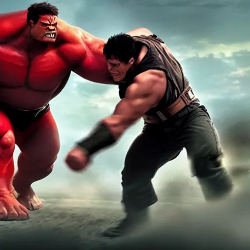 Image similar to hulk fighting juggernaut from x - men, marvel movie, cinematic, explosive action, vfx, artistic