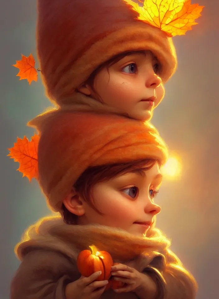 Image similar to hand drawn cute one gnomes face in autumn and pumpkin, detailed closeup face, concept art, low angle, high detail, warm lighting, volumetric, godrays, vivid, beautiful, trending on artstation, art by artgerm and greg rutkowski and alphonse mucha