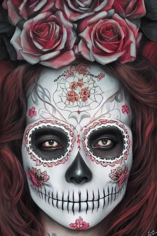 Image similar to illustration of a sugar skull day of the dead girl, art by lise deharme