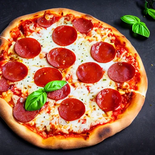 Image similar to Proper Italian pizza with salami and tomatoes piling on top, morning hard light, professional food photography, 80mm, top down